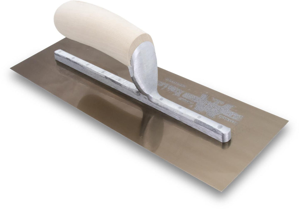 Marshalltown MXS7GS – 12" x 5" Gold Stainless Finishing Trowel with Curved Wood Handle
