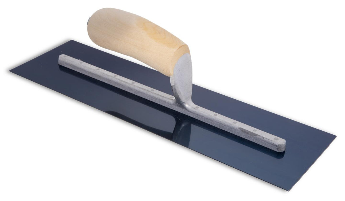 Marshalltown MXS64B – 14" x 4" Blue Steel Finishing Trowel with Curved Wood Handle