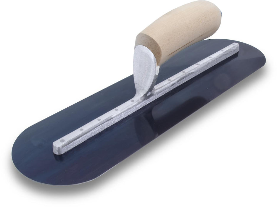 Marshalltown MXS66BFR – 16" x 4" Blue Steel Finishing Trowel, Fully Rounded with Curved Wood Handle