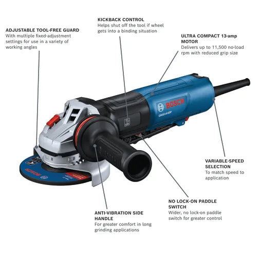 Bosch GWS14-50P – 5" Angle Grinder with Lock-On Paddle Switch